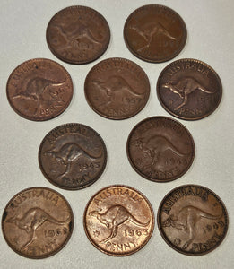 10x Mixed Australian Penny's 1938-1964