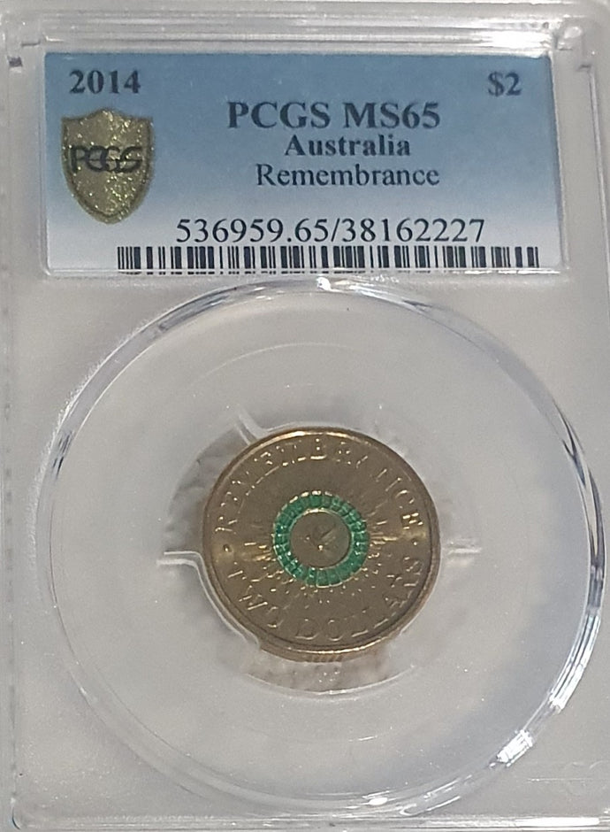 2014 $2 Green Dove, Remembrance Day Coin PCSG MS65